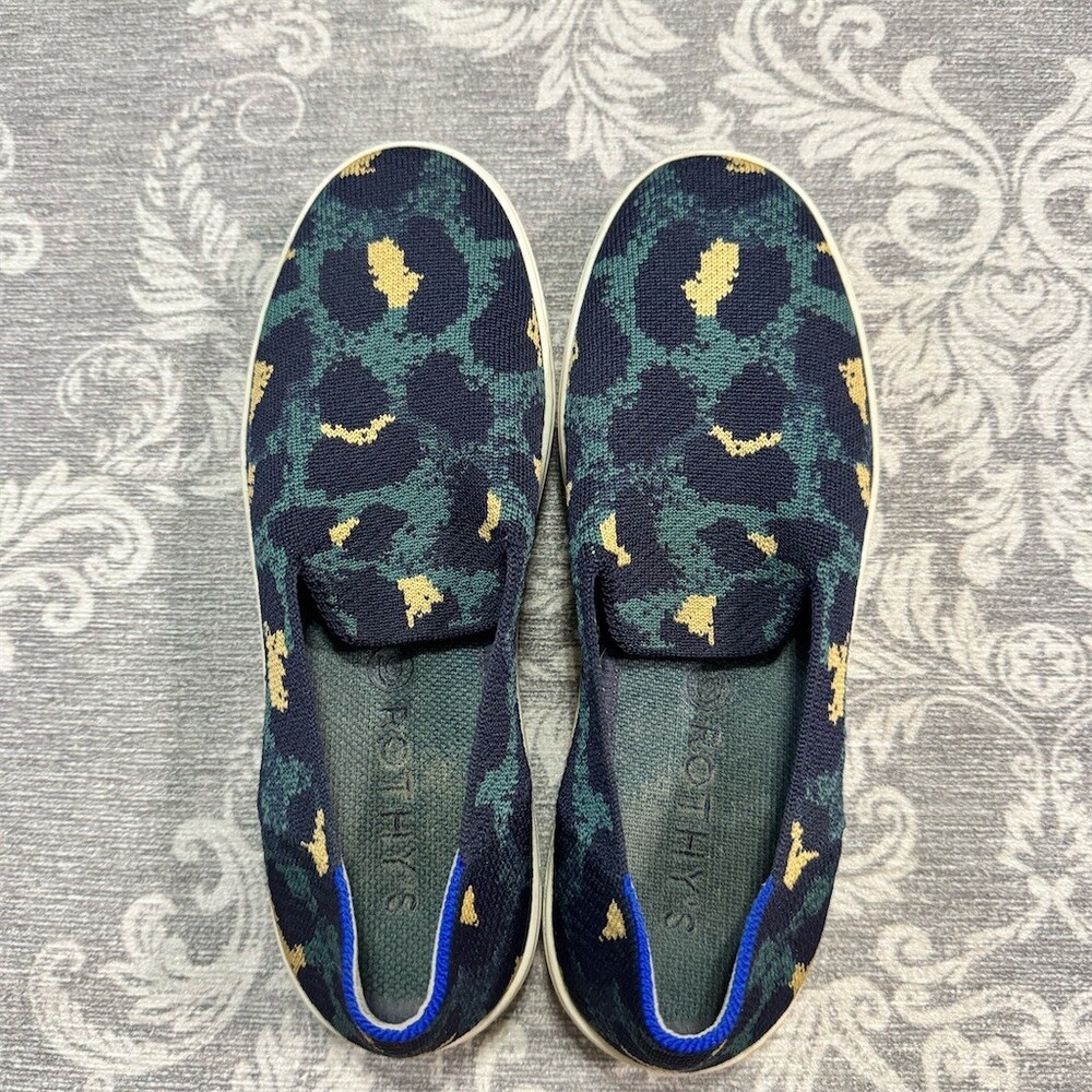 Rothy's The Slip On Sneakers Womens 8.5 Blue Spot Leopard Slip-On Shoes